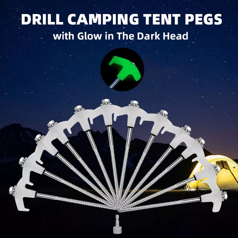 Heavy Duty Steel Screw Drill Camping Tent Pegs with Glow in The Dark Head